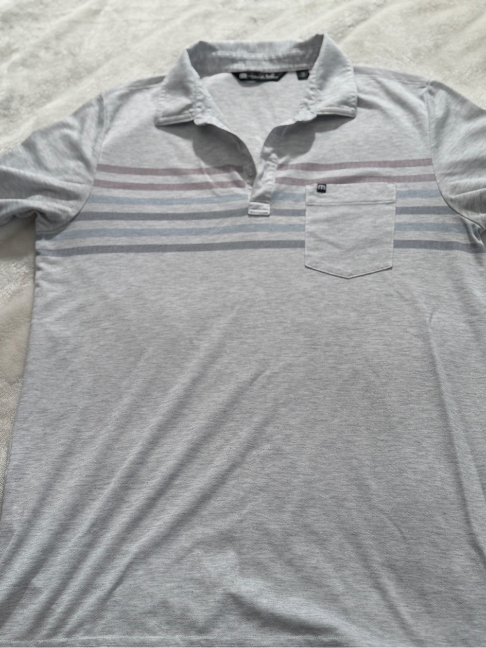 TravisMathew Men’s Medium Pima Cotton Blend Striped Pocket Polo Shirt Gray M